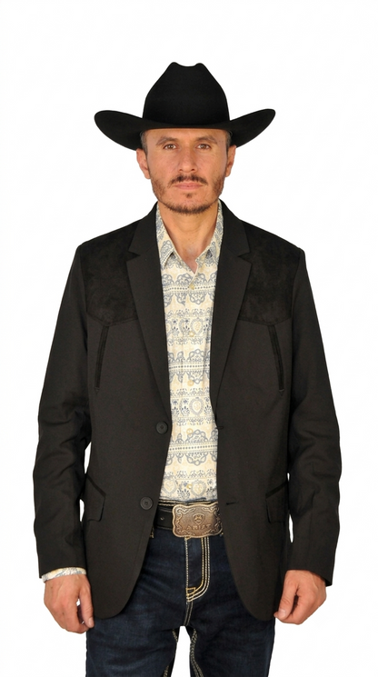 Men's Suede Cowboy Blazer Ultra Slim Fit Black Suede Cowboy Jacket with Western Embroidery in Color "Black"