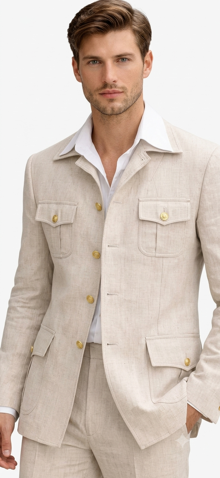 Mens Tan Beige Safari Military Walking Suit Set – Casual Two Piece Outfit Lightweight Summer Blazer and Pants Set Classic Casual Wear