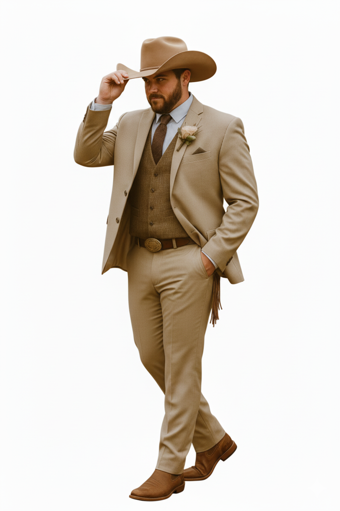 Stylish Cowboy Wedding Suit for Men – Rustic Old Western Elegance - Traje Para Hombre Tan with Brown Vest Color