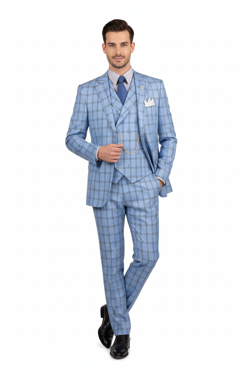 Lazio Collection - Modern Fit Windowpane Suit 3 Piece in Light Blue - Image 10