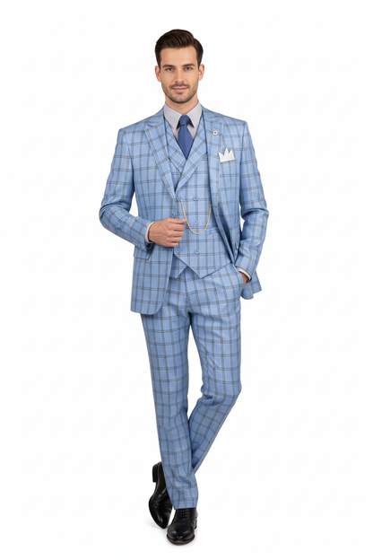 Lazio Collection - Modern Fit Windowpane Suit 3 Piece in Light Blue - Image 10