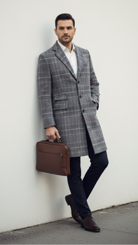 Mens Plaid Overcoat - Checkered Carcoat - 100% Wool Three Quarter Peacoat