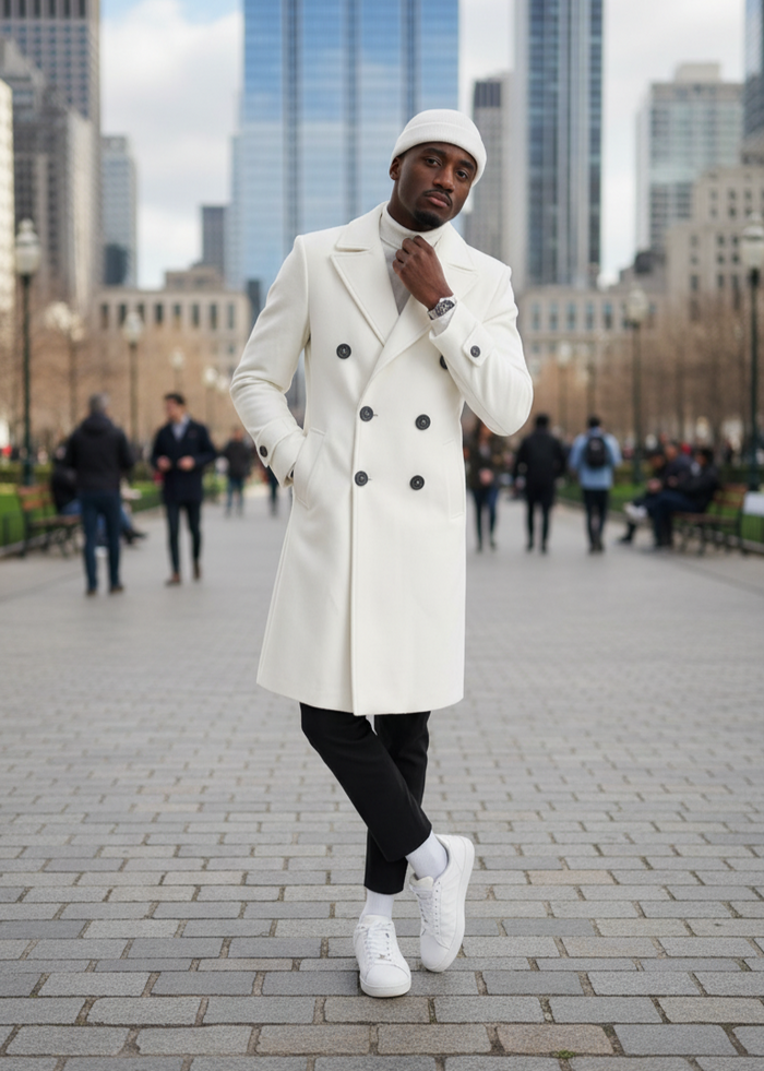 Mens Cashmere & Wool White Double Breasted Overcoat ~ Car Coat - Image 9