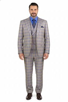 Blue Modern Fit Windowpane Peak Lapel 3 Piece Suit