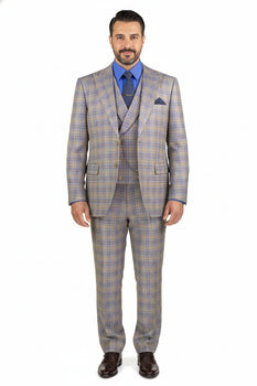 Blue Modern Fit Windowpane Peak Lapel 3 Piece Suit