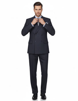 High Quality Dark Navy Blue Suit For Men & Chalk Bold White Pinstripe Double Breasted  100% Poly-Ray Suit - Image 8