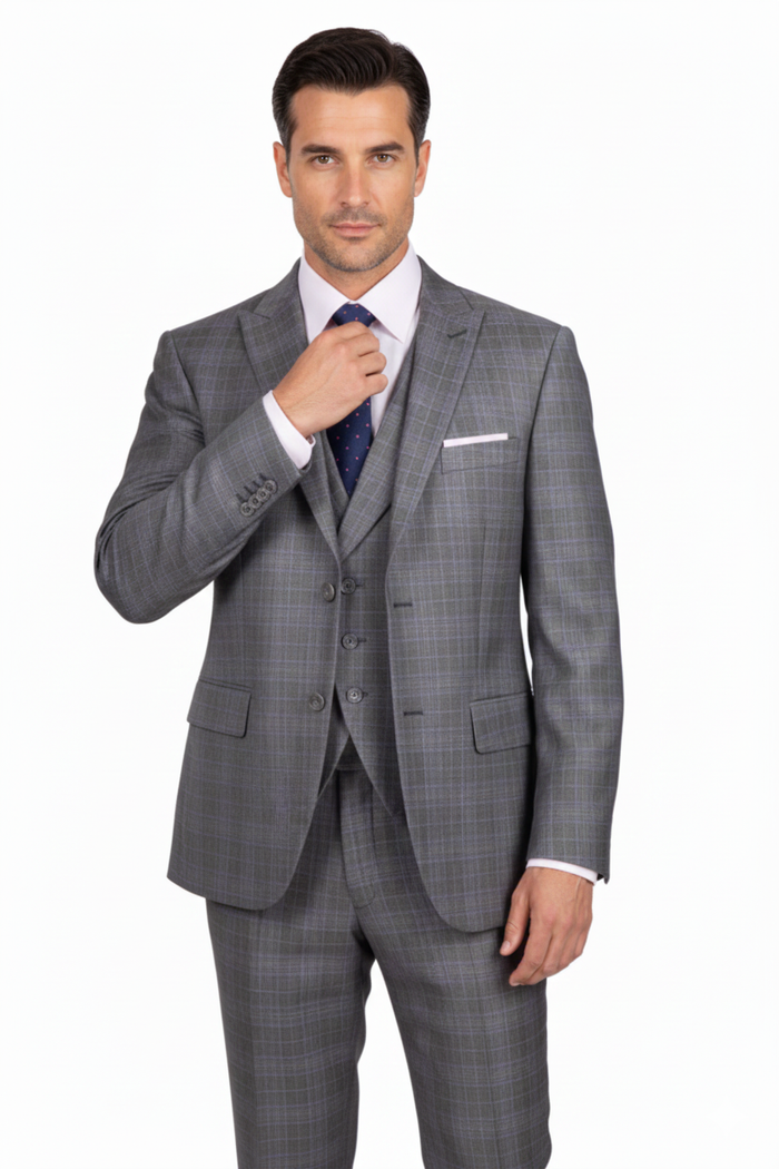 Mens 2 Button Vested Peak Lapel Plaid Suit in Grey - Image 6