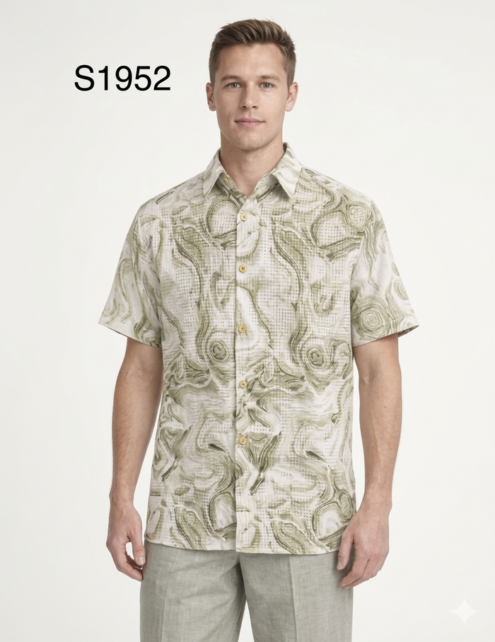 Men’s Sage Green Abstract Print Walking Suit Set – 2 Piece Short Sleeve Casual Outfit