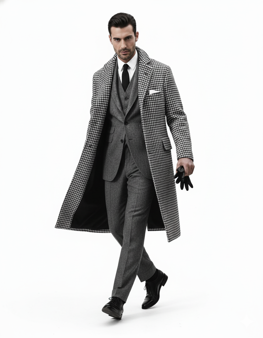 Houndstooth Overcoat - Black and White Checker And Real Wool Fabric Topcoat By Alberto Nardoni - Image 2