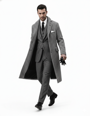 Houndstooth Overcoat - Black and White Checker And Real Wool Fabric Topcoat By Alberto Nardoni - Image 2