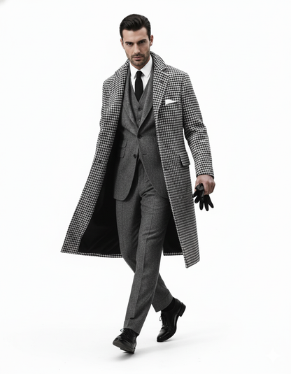 Houndstooth Overcoat - Black and White Checker And Real Wool Fabric Topcoat By Alberto Nardoni - Image 2
