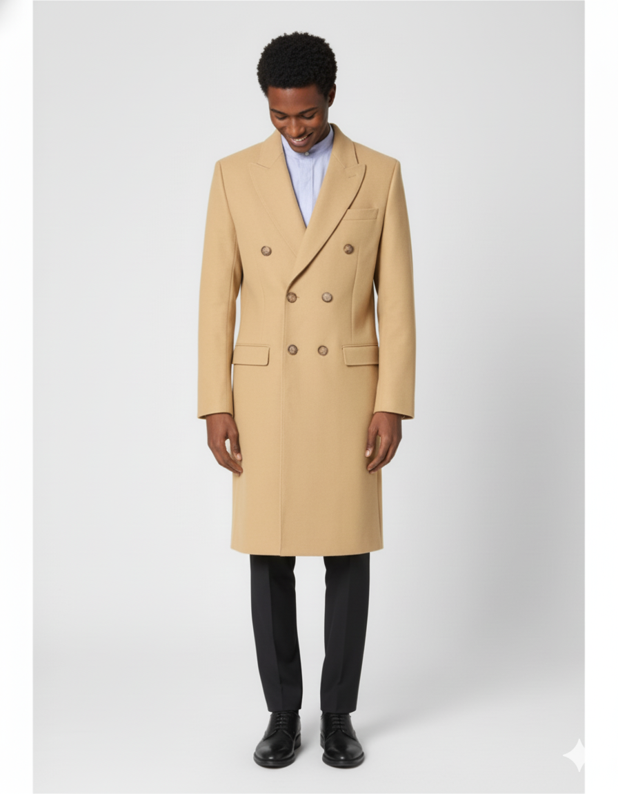 Men's Dress Coat Wool Blend Double Breasted Camel Back Vent Peak Lapel Overcoat Bronze Color Alberto Nardoni Collection - Image 4