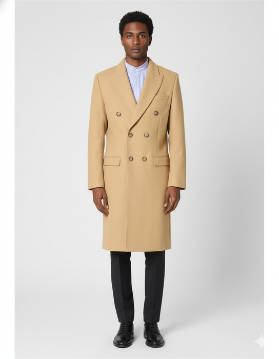 Men's Dress Coat Wool Blend Double Breasted Camel Back Vent Peak Lapel Overcoat Bronze Color Alberto Nardoni Collection
