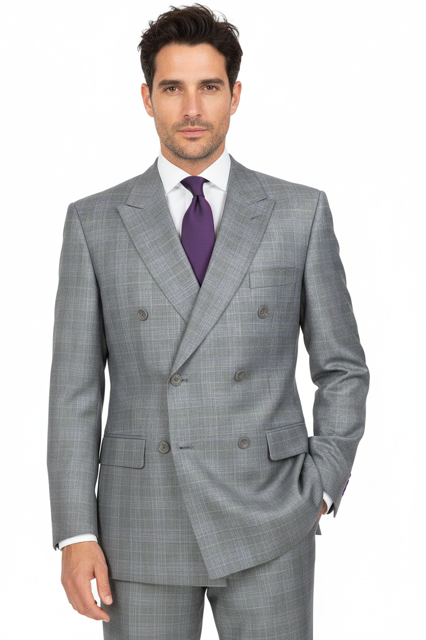 Mens Classic Wool Feel Double Breasted Glen Plaid Suit in Grey - Image 5