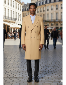 Men's Dress Coat Wool Blend Double Breasted Camel Back Vent Peak Lapel Overcoat Bronze Color Alberto Nardoni Collection
