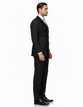 Mens Italian Wool Suit Color Black - Men's Designer Double Breasted Wool Bold Black Gangster Pinstripe Suit - Image 5