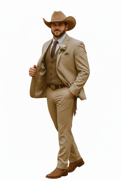Stylish Cowboy Wedding Suit for Men – Rustic Old Western Elegance - Traje Para Hombre Tan with Brown Vest Color