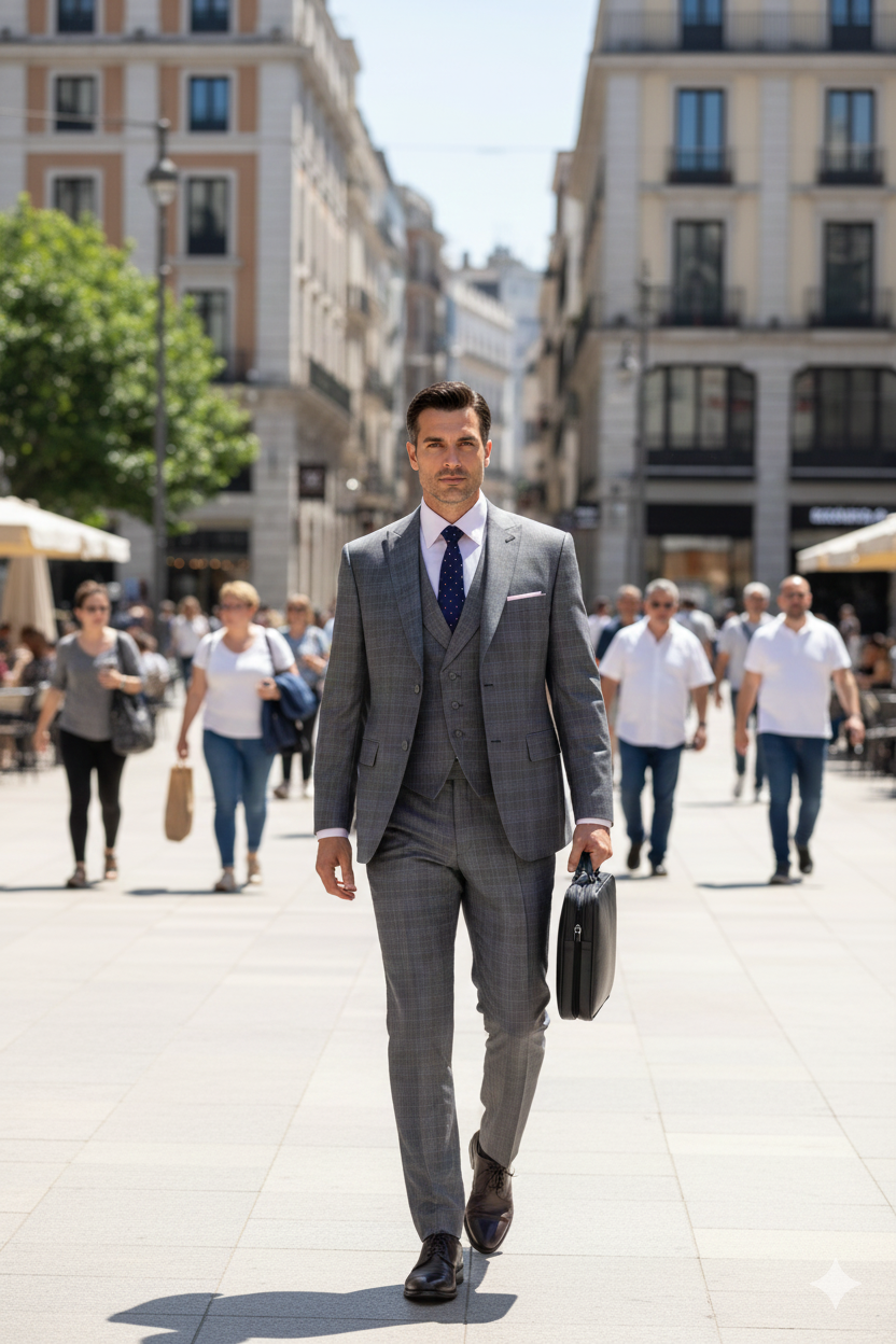 Mens 2 Button Vested Peak Lapel Plaid Suit in Grey - Image 11