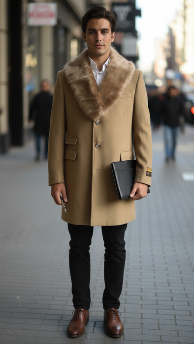 Men's Camel Three Button  Full Length Overcoat Men's Carcoat - Car Coat Mid Length Three quarter length coat