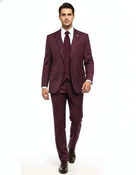 Men's Gangster Bold PinStripe Stripes Chalk Pinstripe Vested 3 Piece Fashion Suit 1920;s 30s Fashion in 10 Colors Collection For August/1/2021 - Image 4