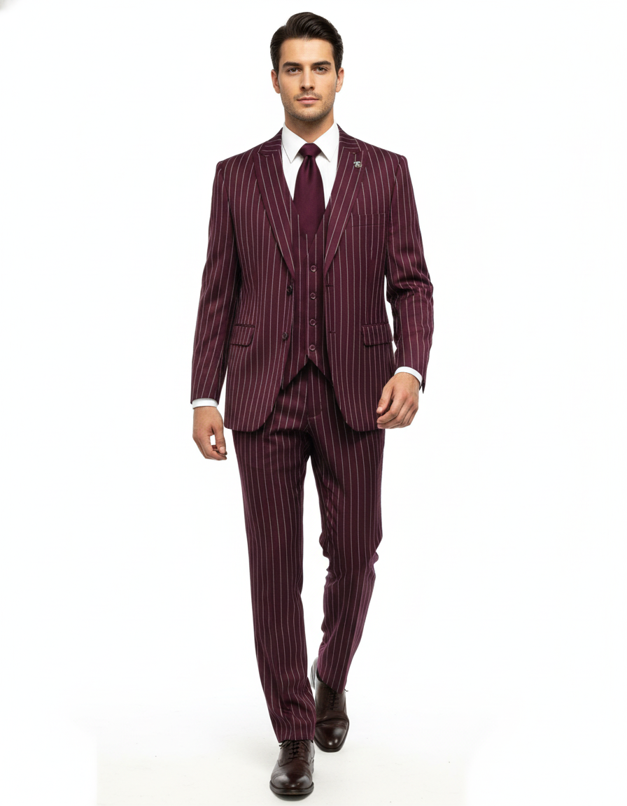 Men's Gangster Bold PinStripe Stripe Chalk Pinstripe Vested 3 Piece Fashion Suits 1920;s 30s Fashion in 10 Colors Collection For August/1/2021 - Image 6