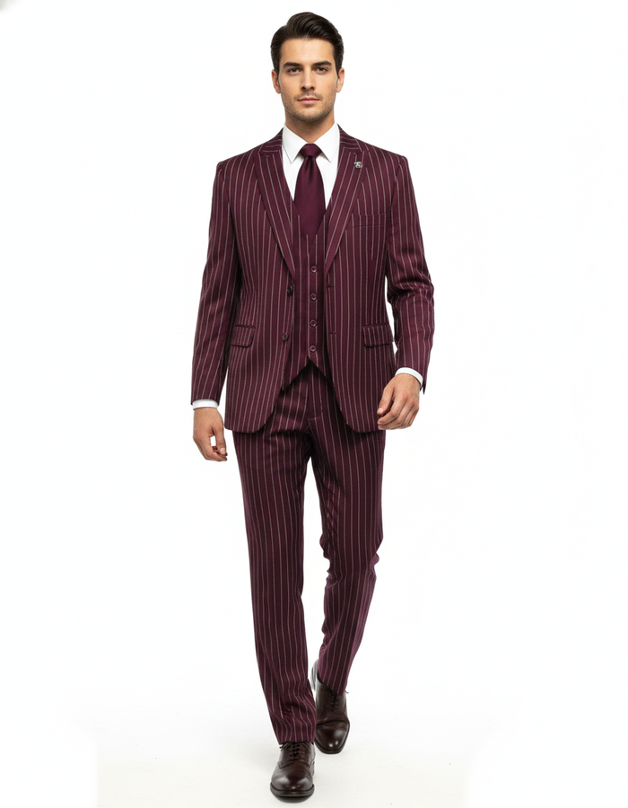 Men's Gangster Bold PinStripe Stripe Chalk Pinstripe Vested 3 Piece Fashion Suits 1920;s 30s Fashion in 10 Colors Collection For August/1/2021 - Image 6