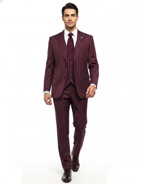 Men's Gangster Bold PinStripe Stripe Chalk Pinstripe Vested 3 Piece Fashion Suits 1920;s 30s Fashion in 10 Colors Collection For August/1/2021