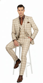 Khaki Plaid Suit - Vested Suit - 3 Piece Suits - Peak Lapel Suits - Windowpane Suit - 2 Button - Image 3