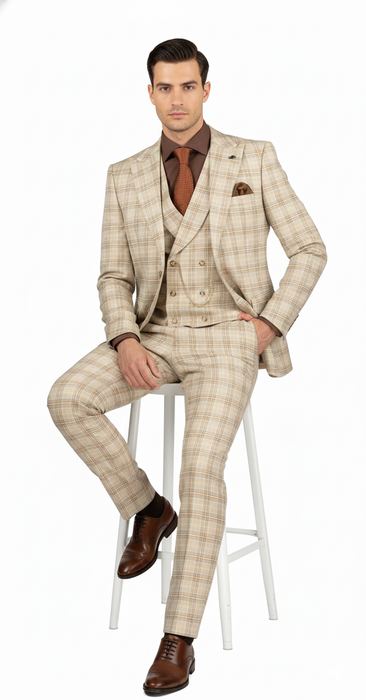 Khaki Plaid Suit - Vested Suit - 3 Piece Suits - Peak Lapel Suits - Windowpane Suit - 2 Button