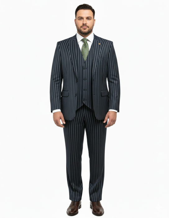 1920'S Gangster Bold Pinstripe ~ Stripe Men'S Stripe Mars Dark Blue Fashion Vested Suit Pleated Pant