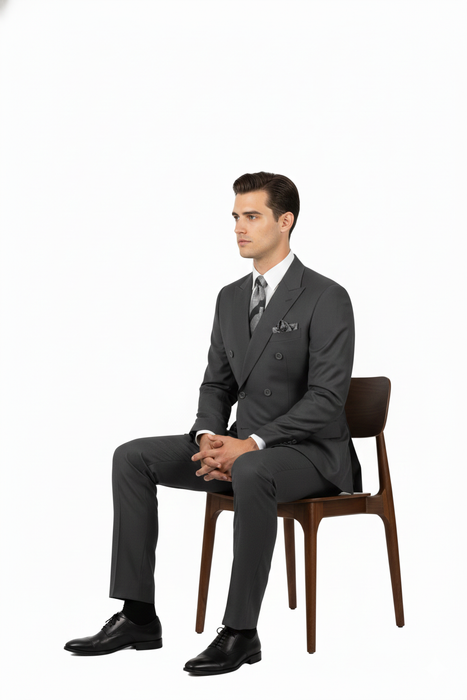 Mens Classic Wool Feel Double Breasted Suit in Heather Grey