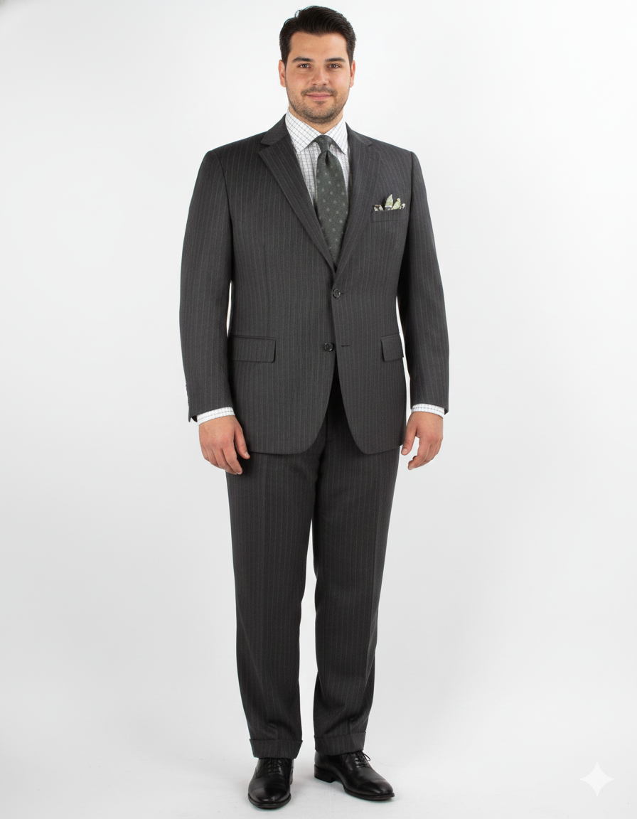 Men'S 2 Piece 100% Executive Suit - Charcoal With Silver Stripe ~ Pinstripe - 100% Percent Wool Fabric Suit - Worsted Wool Business Suit - Image 9