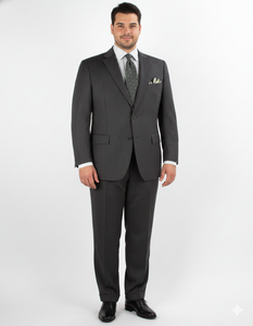 Men'S 2 Piece 100% Executive Suit - Charcoal With Silver Stripe ~ Pinstripe - 100% Percent Wool Fabric Suit - Worsted Wool Business Suit