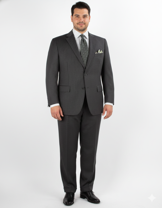 Men'S 2 Piece 100% Executive Suit - Charcoal With Silver Stripe ~ Pinstripe - 100% Percent Wool Fabric Suit - Worsted Wool Business Suit