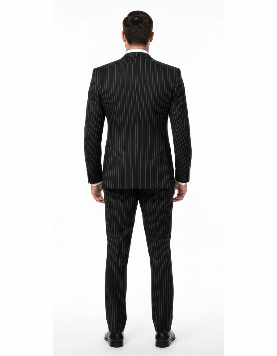 Mens Italian Wool Suit Color Black - Men's Designer Double Breasted Wool Bold Black Gangster Pinstripe Suit - Image 2