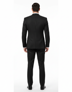 Mens Italian Wool Suit Color Black - Men's Designer Double Breasted Wool Bold Black Gangster Pinstripe Suit