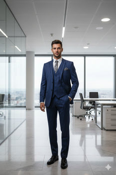 Men's Bold Gangster 1920s Vintage Navy Blue ~ White Gangster Bold Stripe 2 Button Vested Dress Suits for Men - Image 8