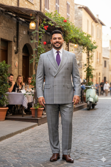 Mens Classic Wool Feel Double Breasted Glen Plaid Suit in Grey