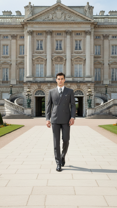 Mens Classic Wool Feel Double Breasted Suit in Heather Grey