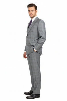 Mens Classic Wool Feel Double Breasted Glen Plaid Suit in Grey - Image 6