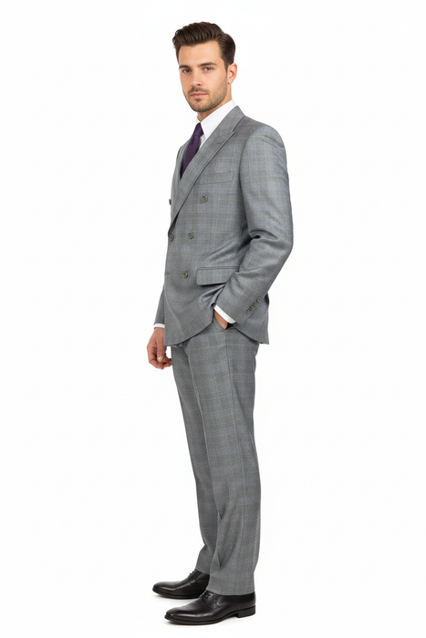 Mens Classic Wool Feel Double Breasted Glen Plaid Suit in Grey