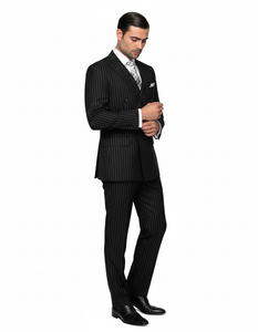 Mens Italian Wool Suit Color Black - Men's Designer Double Breasted Wool Bold Black Gangster Pinstripe Suit