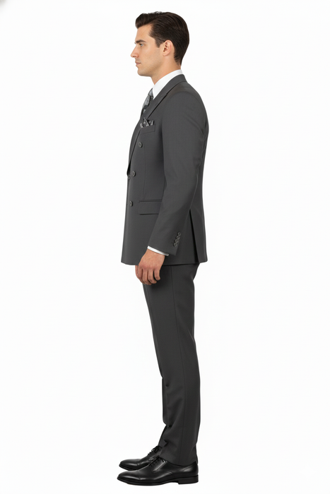 Mens Classic Wool Feel Double Breasted Suit in Heather Grey