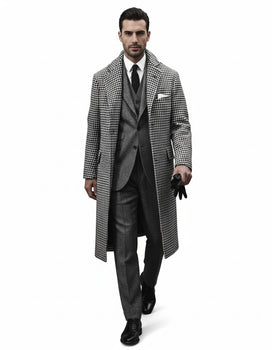 Houndstooth Overcoat - Black and White Checker And Real Wool Fabric Topcoat By Alberto Nardoni - Image 3