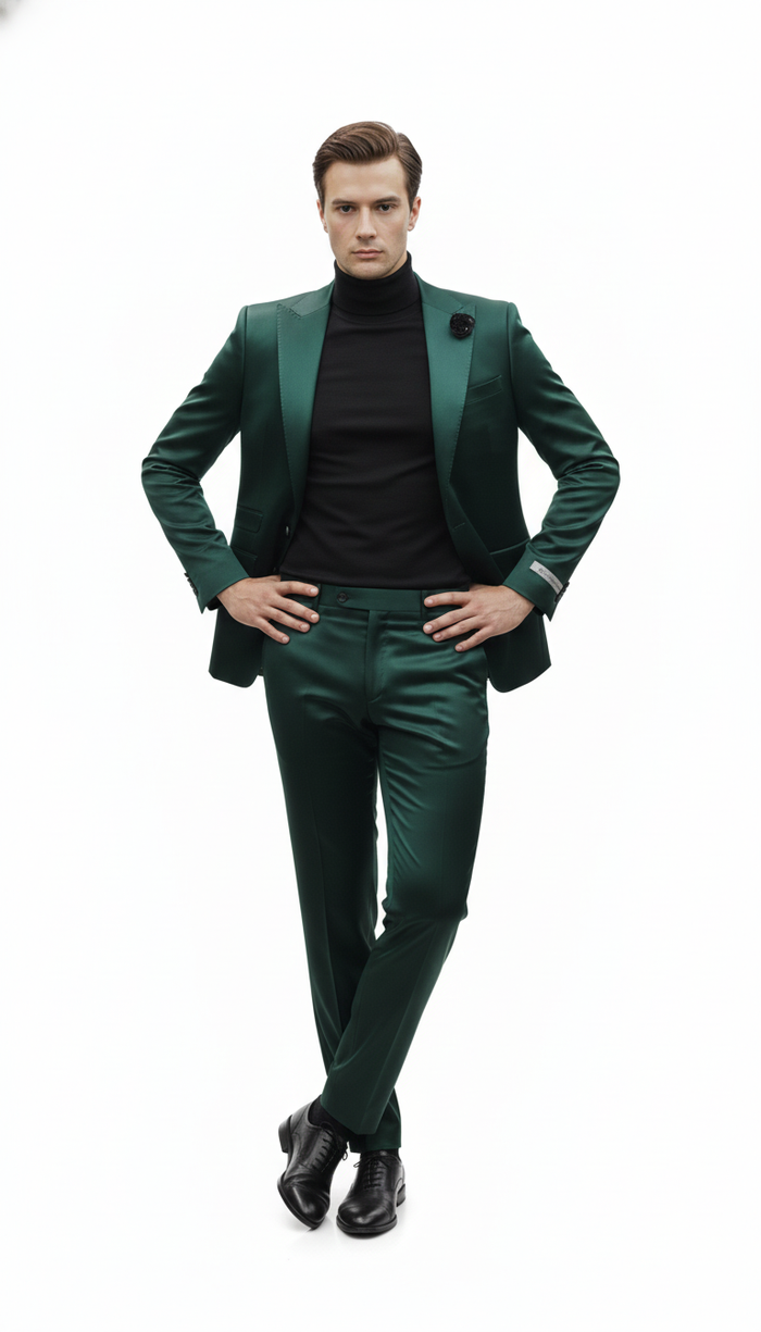 Mens Single Breast Green Sateen Shiny Fabric Metallic Fabric - Sharskin Suit Modern Fit