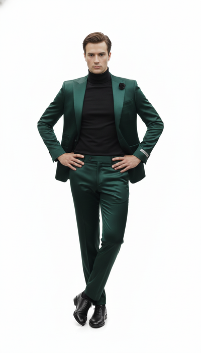 Mens Single Breast Green Sateen Shiny Fabric Metallic Fabric - Sharskin Suit