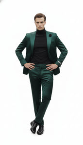 Mens Single Breast Suit Green - Sateen Shiny Fabric Metallic Fabric - Sharskin
