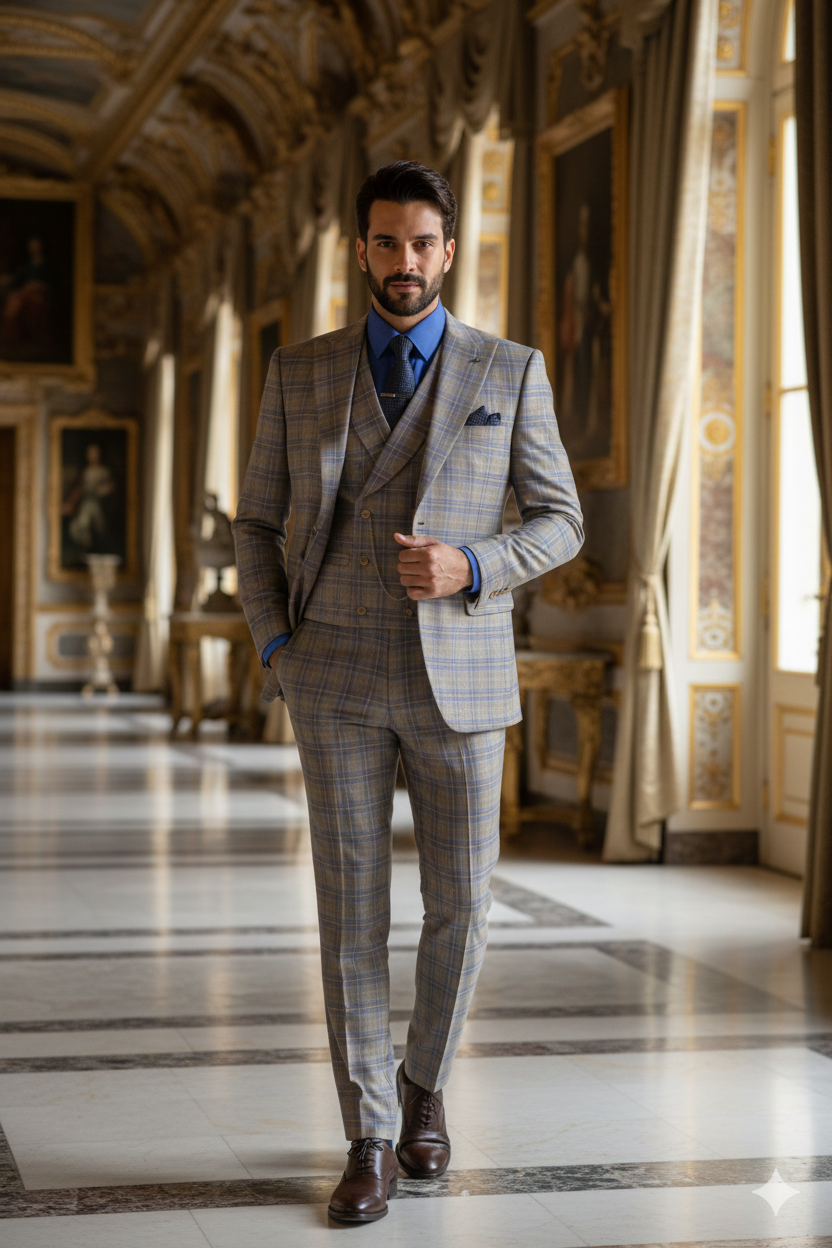 Blue Modern Fit Windowpane Peak Lapel 3 Piece Suit - Image 9