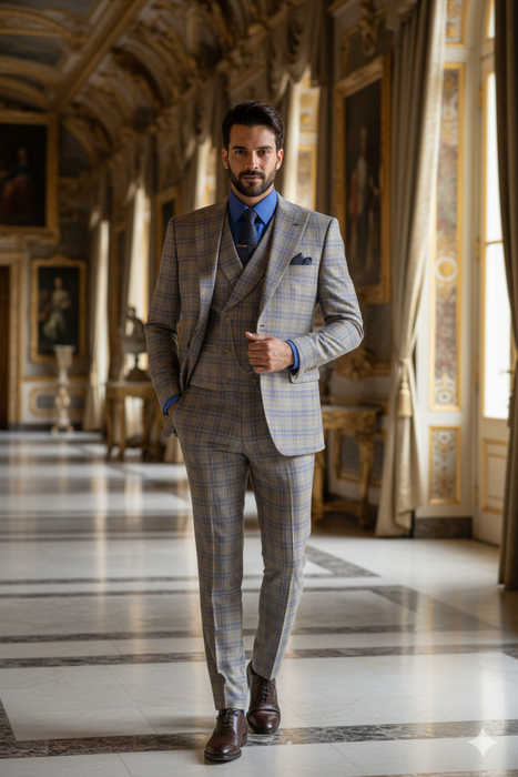 Blue Modern Fit Windowpane Peak Lapel 3 Piece Suit