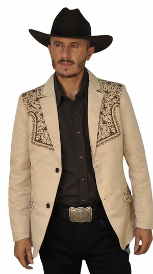 Mens Cowboy Blazer - Western Jacket in Color "Beige" Ultra Slim Fitted (Buy 1 Size UP)